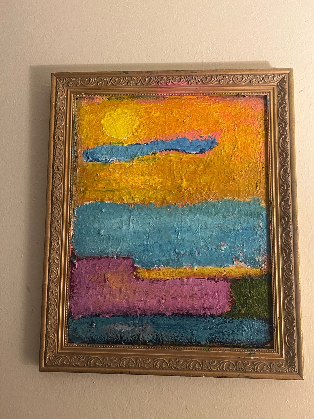 Vibrant Abstract Coastal Sunrise Painting - Yellow, Blue, Purple